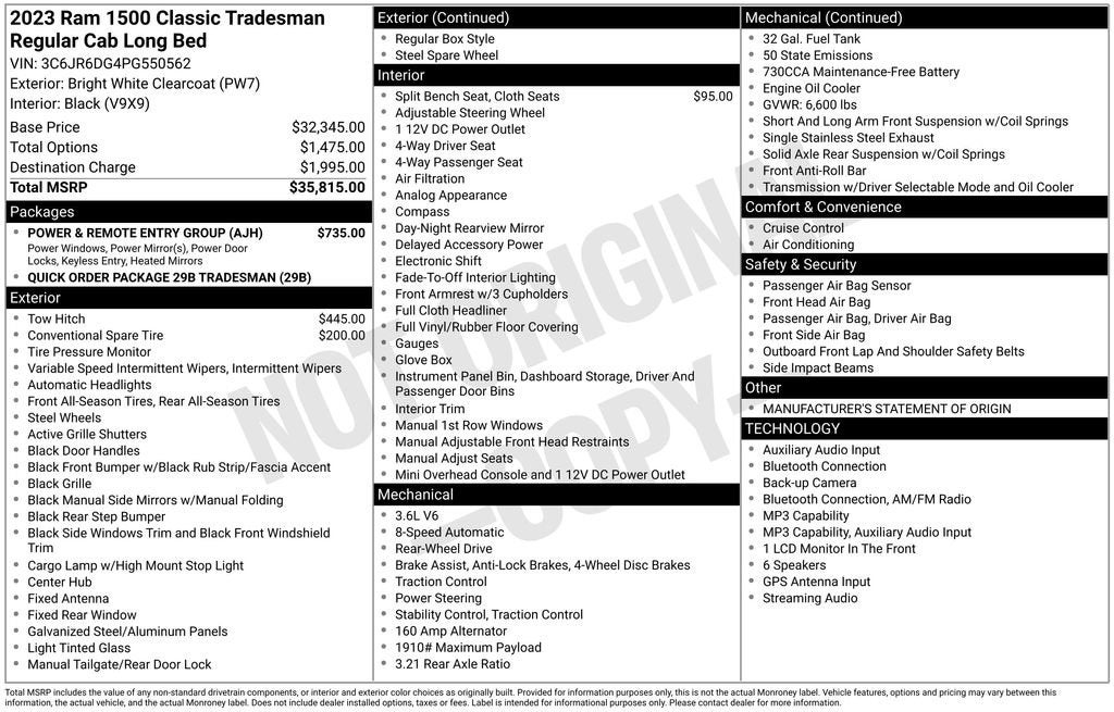 2023 RAM 1500 Classic Tradesman Regular Cab 4x2 8' Box